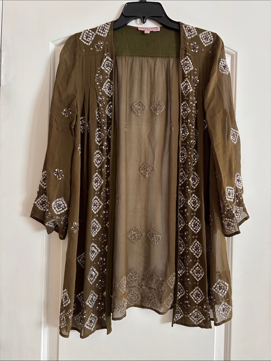 Calypso St. Barth Tops - Calypso St. Barth Olive and Tan Textured Jeweled Silk Open Cardigan Small